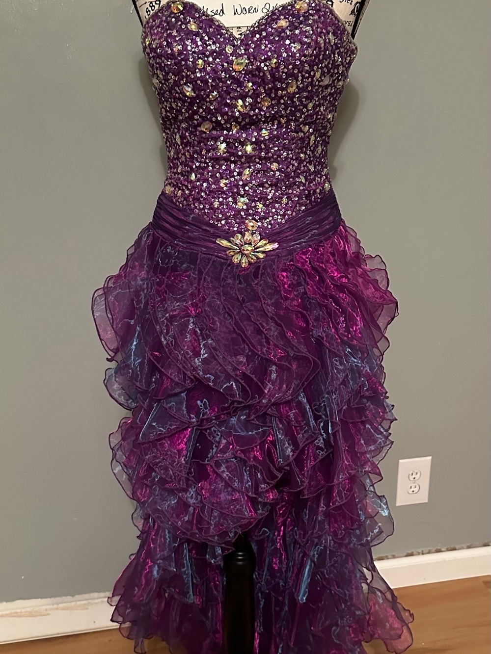 Purple Strapless Sequin High Low Organza Ruffled Evening Prom Homecoming Dress